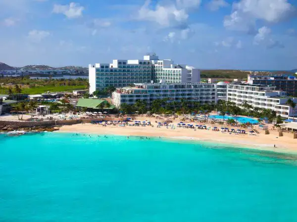 An aerial view of Maho Beach from the water.