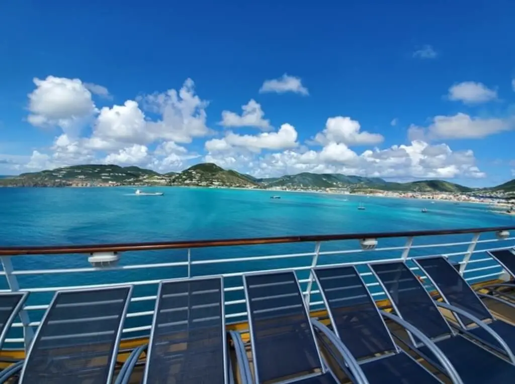 On a cruise Ship called Allure of the seas. Here's a beautiful view of St Maarten.