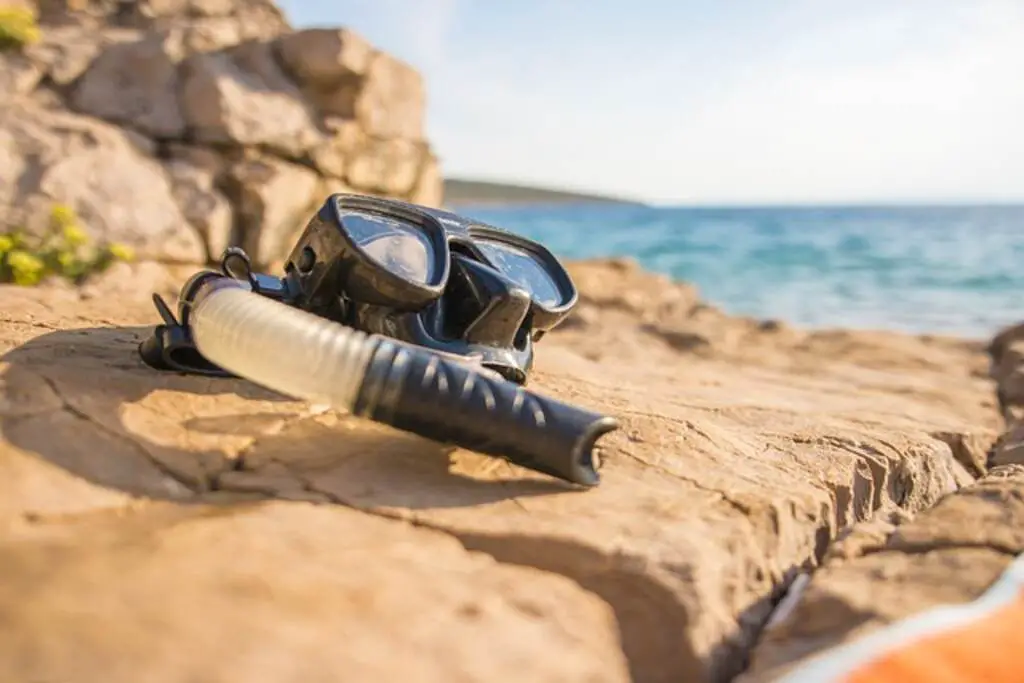 Snorkel gear resting on a rock beside the beach.