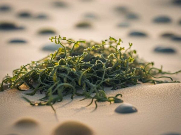 Seaweed on beach sand.
