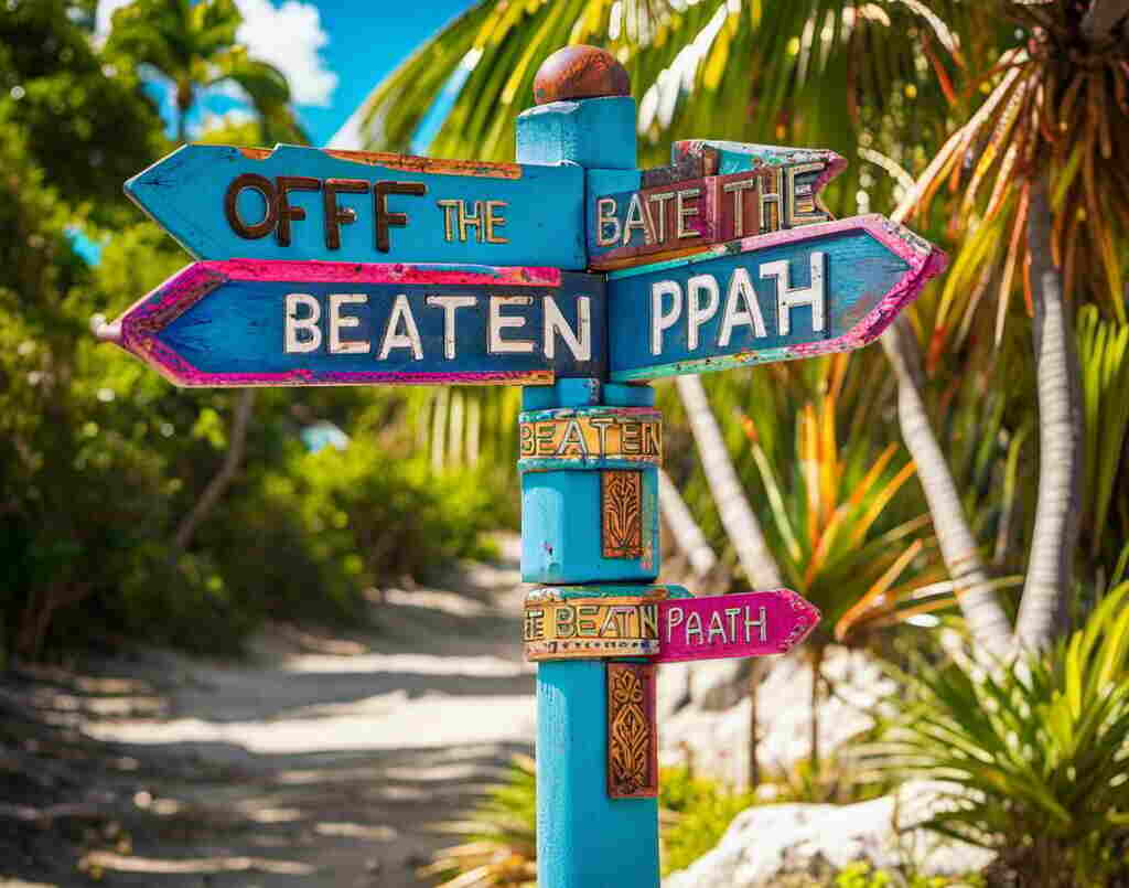 A sign on the beach that say off the beaten path.