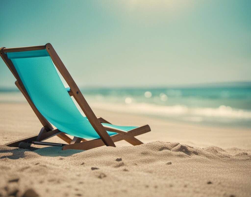A blue beach chair on the beach sand.