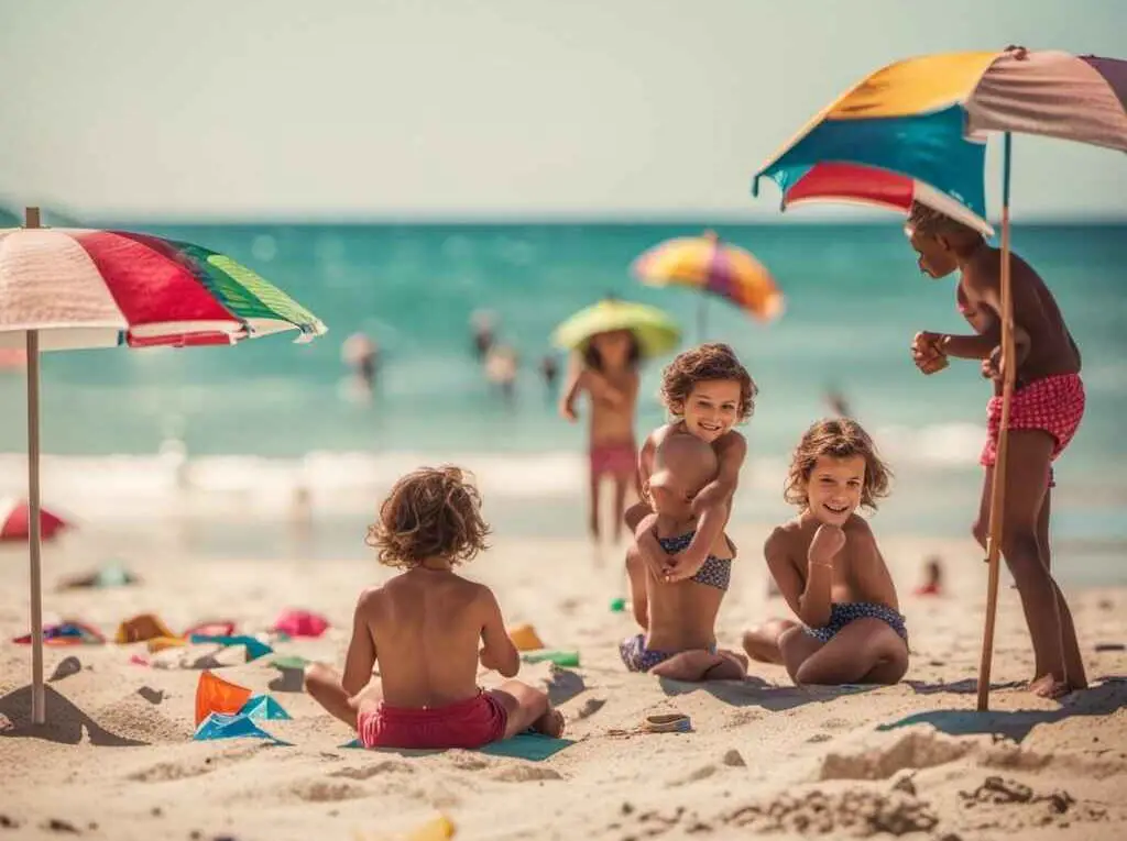 A family with three children building sand castles and enjoying the beach.