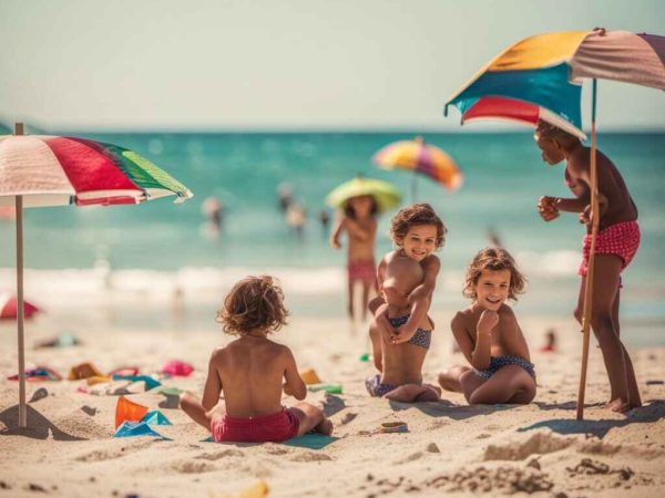 A family with three children building sand castles and enjoying the beach.