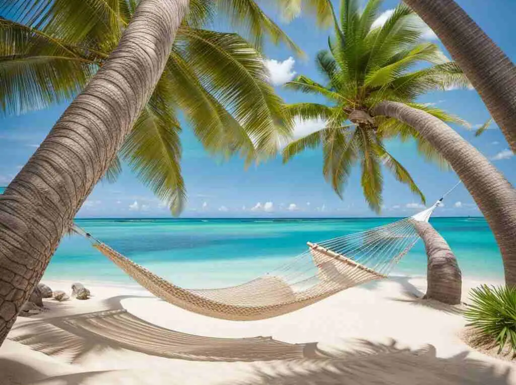 A view of the beach with a hammock tied to a palm tree.