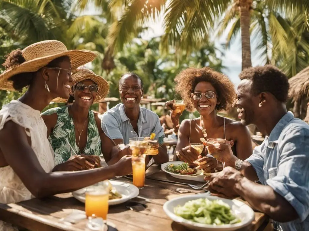 A group of people eating at a Sint Maarten restaurant.