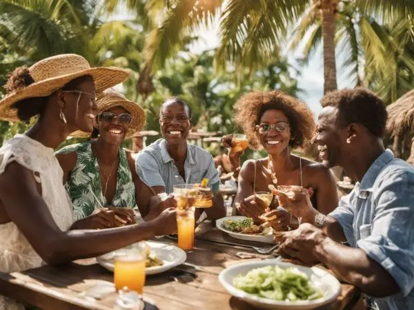 A group of people eating at a Sint Maarten restaurant.