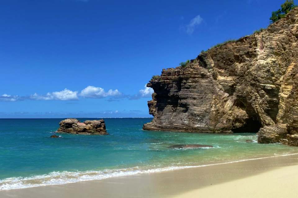 A view of the beach at Baie Rouge, Saint Martin during the dry season.