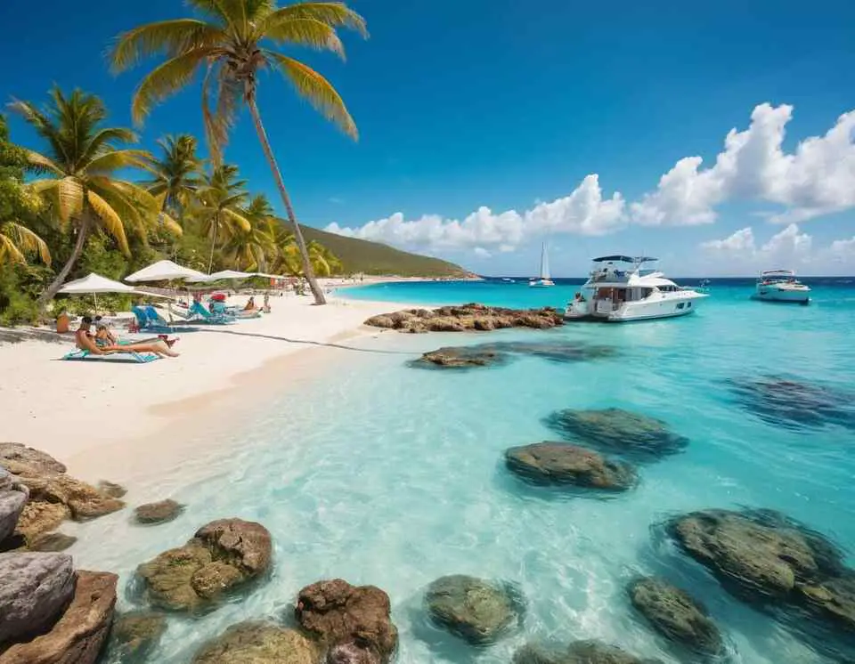 Snorkelers in clear waters with coral reefs, a distant speedboat, and people relaxing under palm trees on a St. Maarten beach.