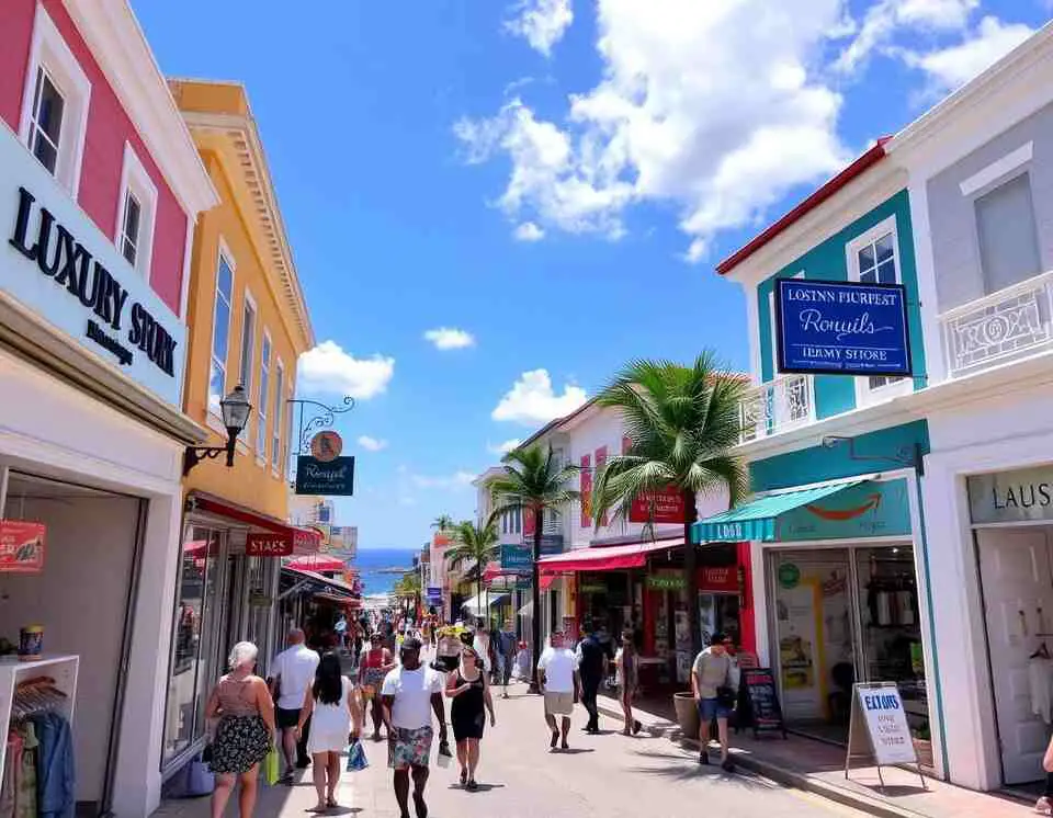 A bustling shopping street in Philipsburg, St. Maarten, featuring a vibrant scene along Back Street.