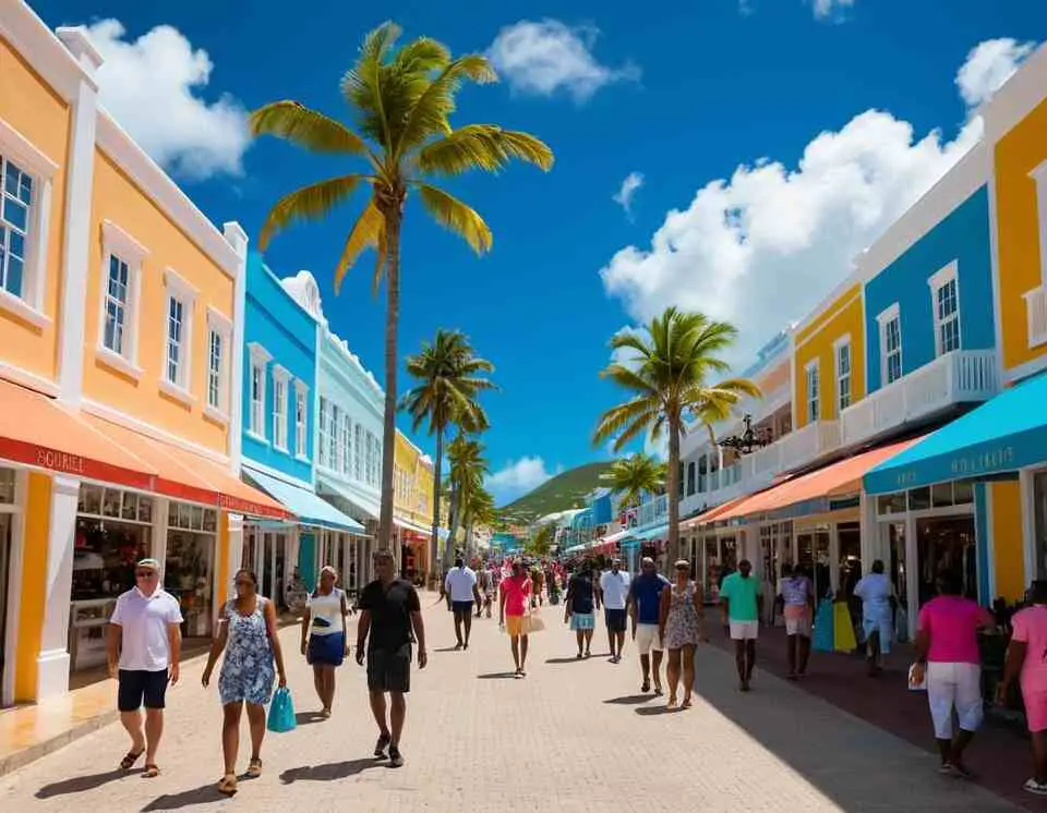 A lively and vibrant Front Street in Philipsburg, St. Maarten, lined with luxury boutiques and duty-free shops, offering high-end goods and exclusive items under the Caribbean sun.