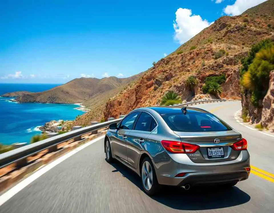 a rental car driving along the stunning coastal roads of St. Maarten. 