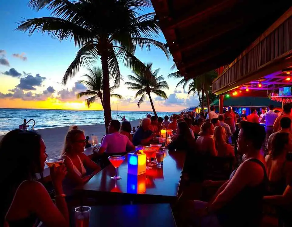 A vibrant St. Maarten nightlife scene at a beach bar during sunset.