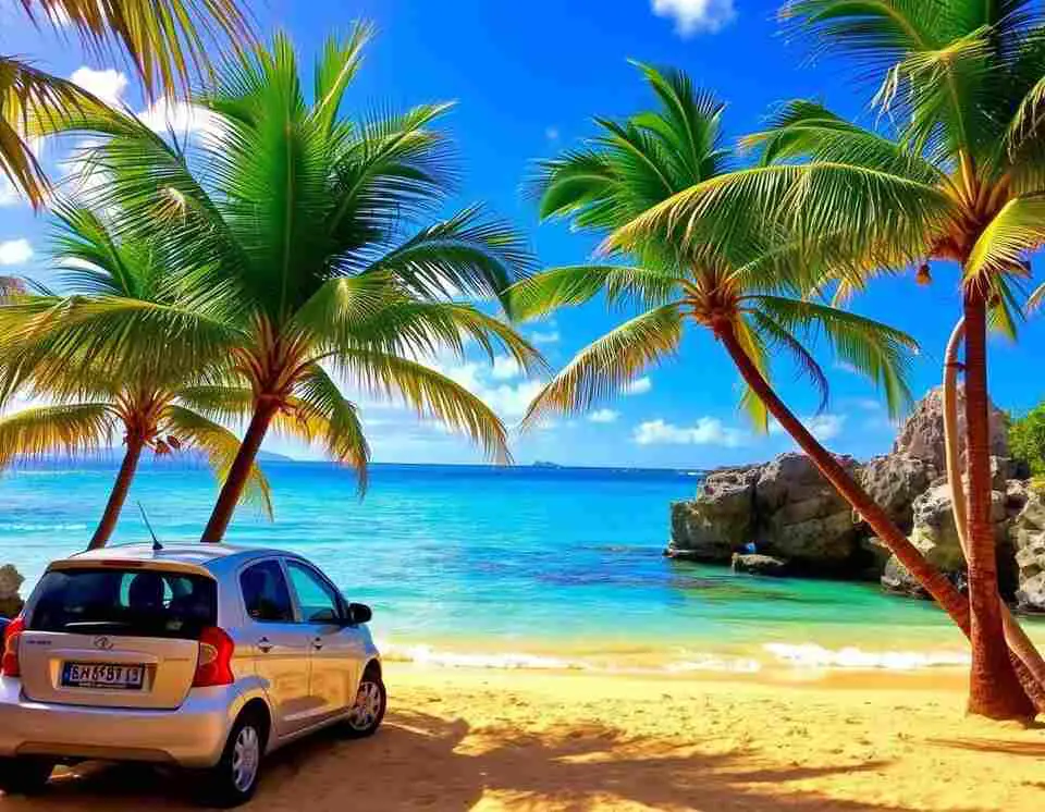 A scenic coastal road in St. Maarten with turquoise waters, lush green hills, and a rental car parked by the roadside.