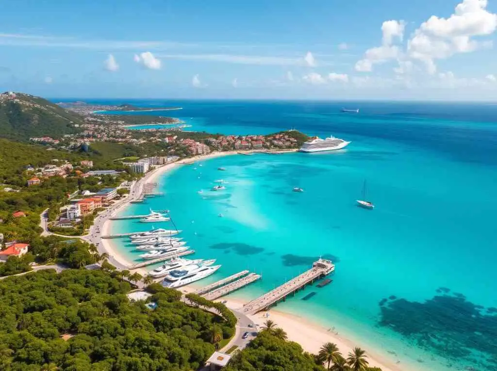 A breathtaking view of a golden sunset over a pristine beach in St. Maarten, with calm turquoise waters and palm trees lining the shore.