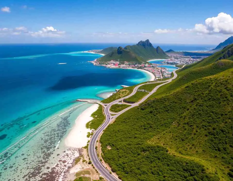 A compact rental car cruising along a picturesque coastal road in St. Martin, overlooking turquoise waters and lush green hills on a sunny day.