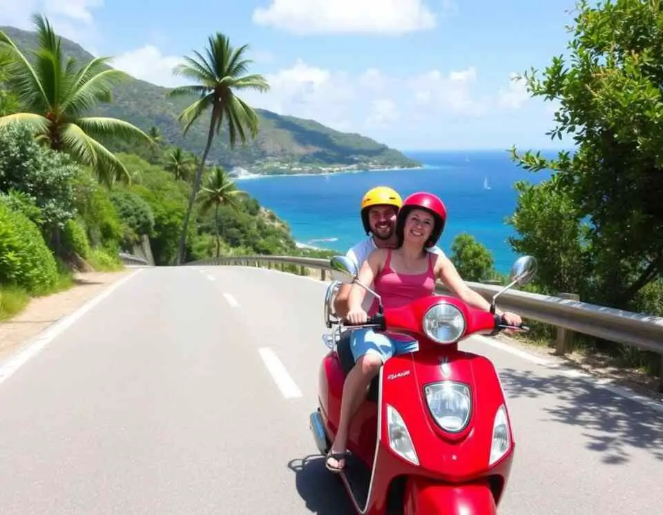 A traveler on a red scooter cruising down a palm-lined street in St. Martin, with a clear blue sky and beachside stalls visible in the background.