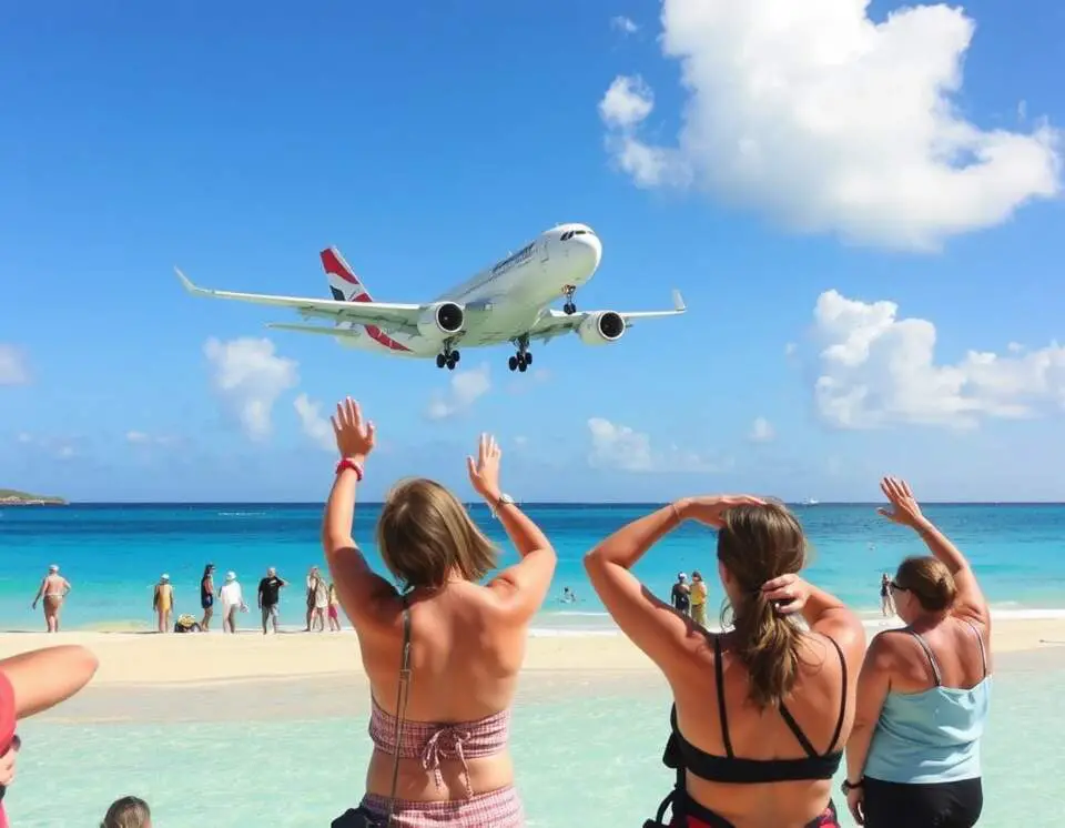 A breathtaking view of Maho Beach in St. Maarten, where turquoise waters meet soft white sand. A large commercial airplane is seen flying low over the beach as tourists watch in awe.