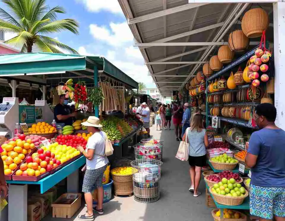 A colorful open-air market in Marigot, St. Maarten, featuring stalls filled with fresh tropical fruits, handmade crafts, and local spices. Shoppers browse while enjoying the lively island atmosphere.