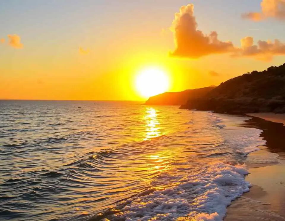 A stunning golden sunset over the limestone cliffs of Cupecoy Beach in St. Maarten. The sun casts a warm glow over the calm waves, creating a serene and picturesque coastal view.