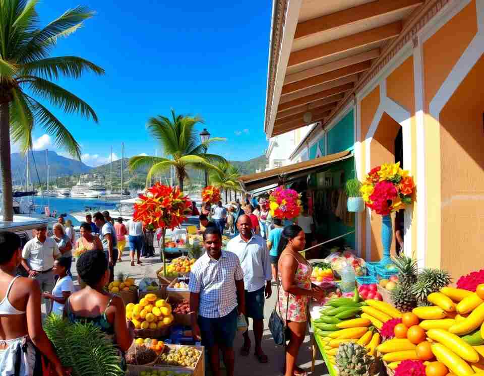 A picturesque view of Marigot, the vibrant capital of Saint-Martin, showcasing 19th-century architecture and the bustling open-air market.