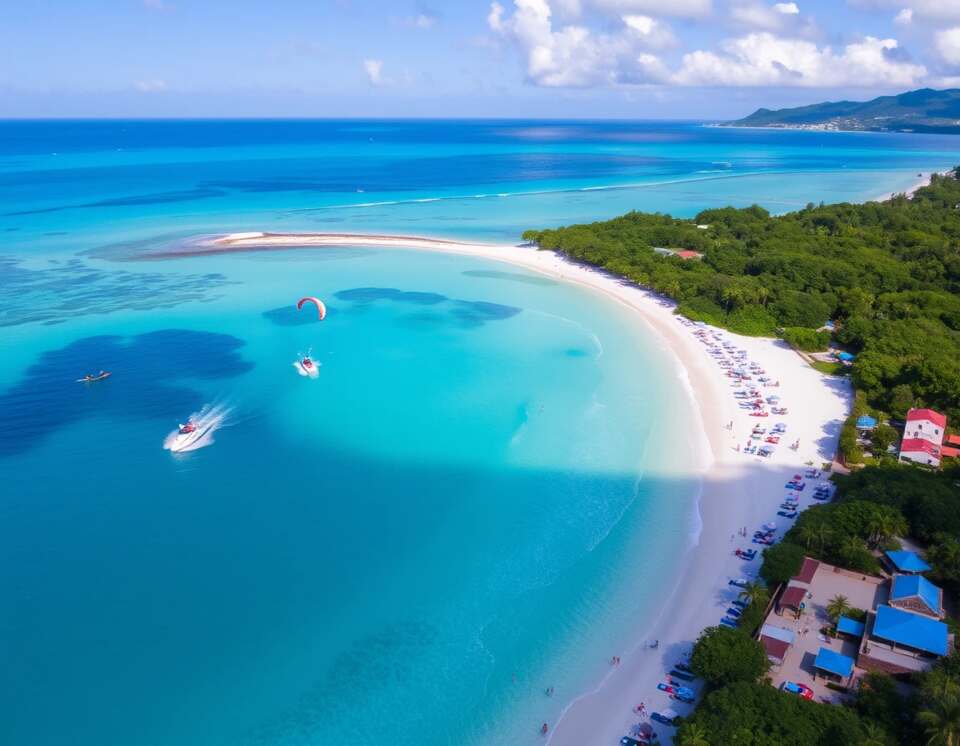 A serene view of Orient Bay Beach, with crystal-clear turquoise waters, soft white sands, and beach clubs offering water sports activities.