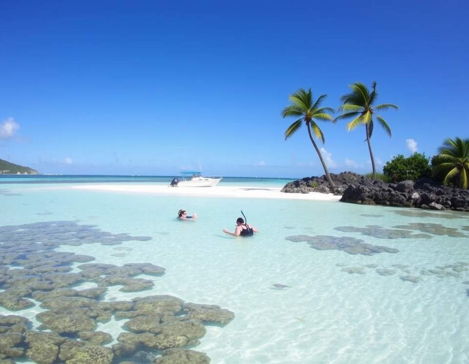 A tranquil beach on Pinel Island, Saint-Martin, with crystal-clear waters, vibrant coral reefs, and snorkelers exploring colorful marine life.