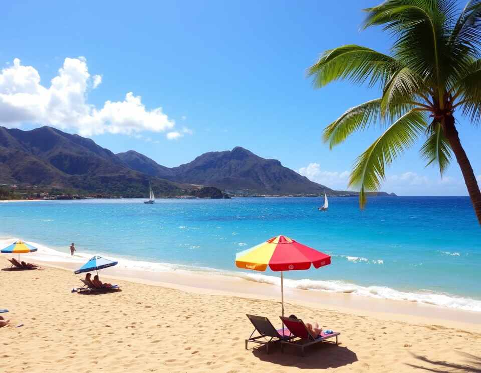 A peaceful scene at Orient Bay on Saint Martin, featuring golden sands, vibrant umbrellas, and clear turquoise waters under a bright blue sky, framed by palm trees and distant hills.