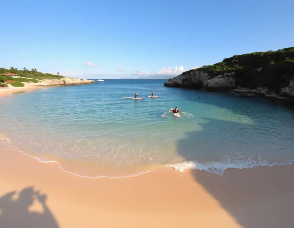 A peaceful, untouched beach in St. Maarten with golden sand and turquoise waters. Surfers ride small waves while paddleboarders glide across the calm bay. The surrounding cliffs and lush greenery frame the shoreline as the sun sets, creating a breathtaking scene.