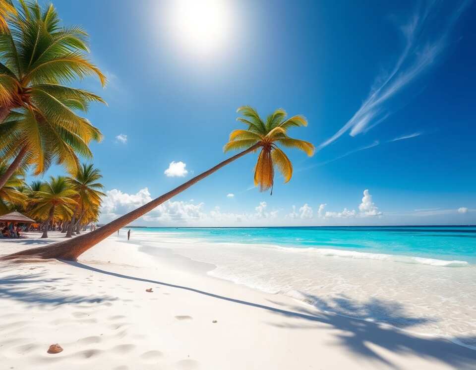 A photorealistic view of Eagle Beach in Aruba, showcasing soft white sand, turquoise waters, the leaning Fofoti tree, and a bright sunny sky. Palm trees frame the scene, with a few beachgoers enjoying the tropical paradise.