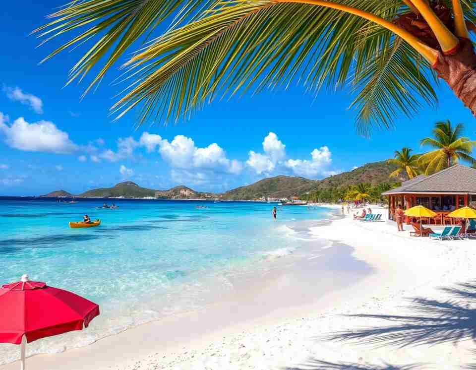 A photo of St. Maarten’s Orient Bay Beach, showcasing its stunning crystal-clear water and powdery white sand.