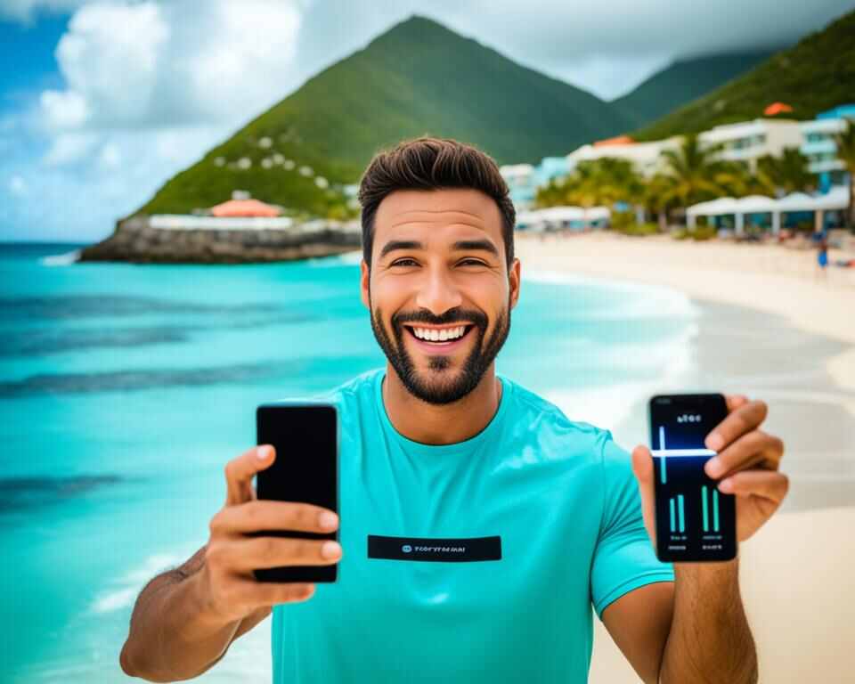 A person standing on a beach in St. Maarten holding up their phone with full signal bars displayed on the screen.