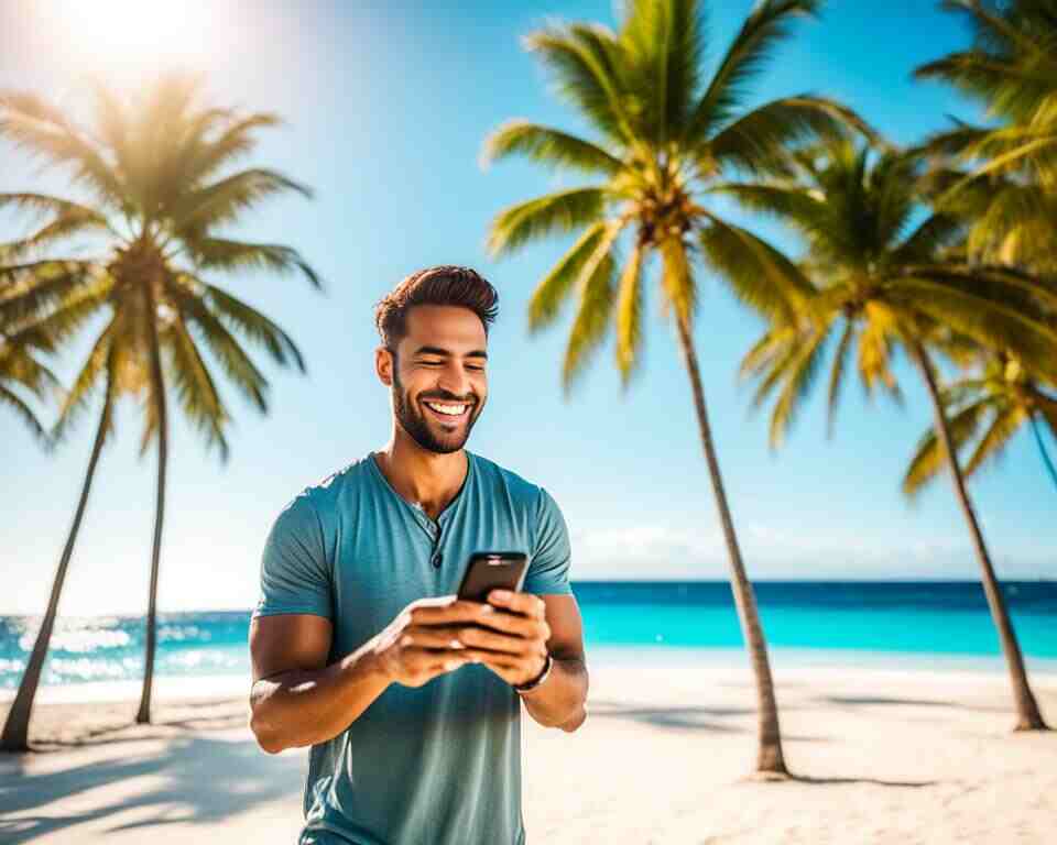 A person standing on a white sand beach with clear blue water in the background, holding a smartphone and smiling while checking their messages. 