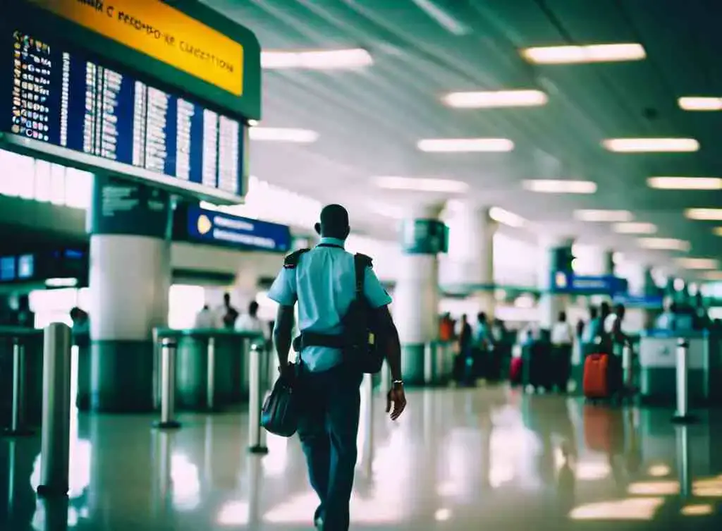 A person walking through the airport to customs.