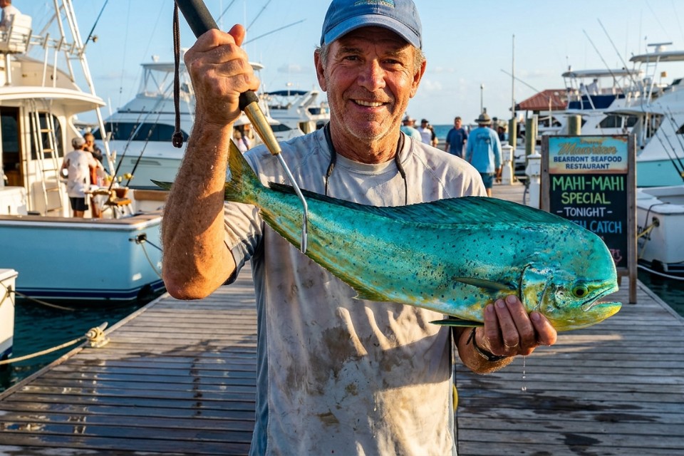 A happy angler holding a large, vibrant Mahi-Mahi fish on the deck of a private charter boat in St. Maarten.