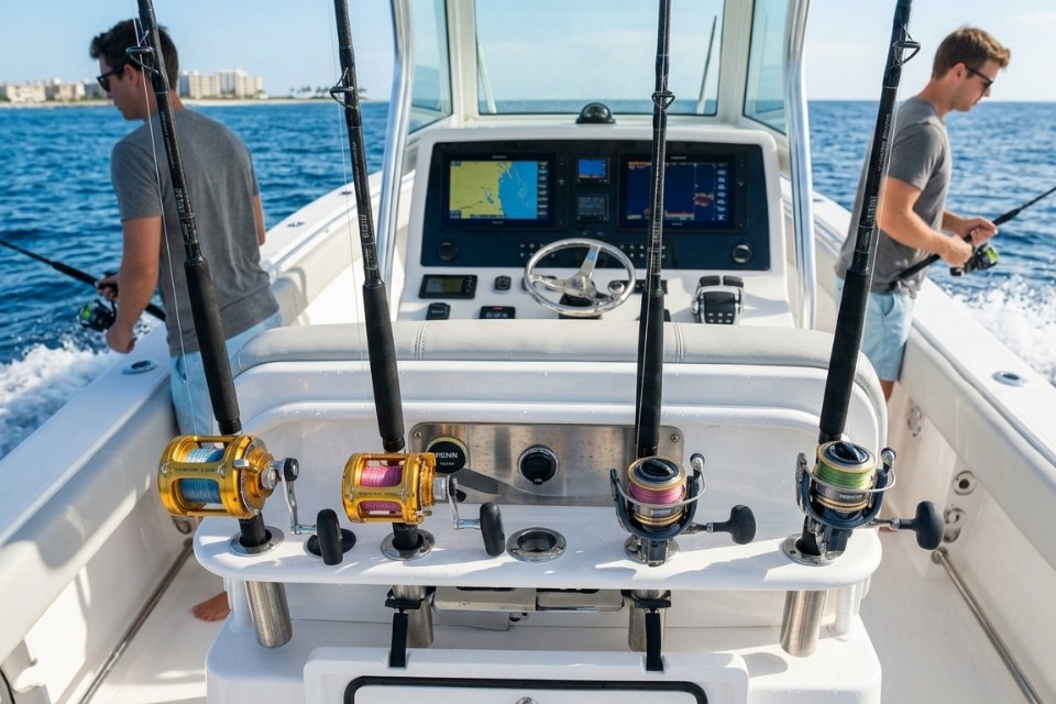 Professional Penn and Shimano fishing gear on a private boat in St. Maarten.