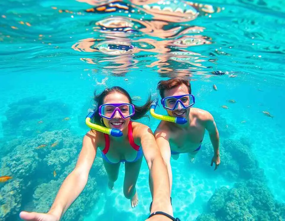 A pair of snorkelers taking a selfie underwater.