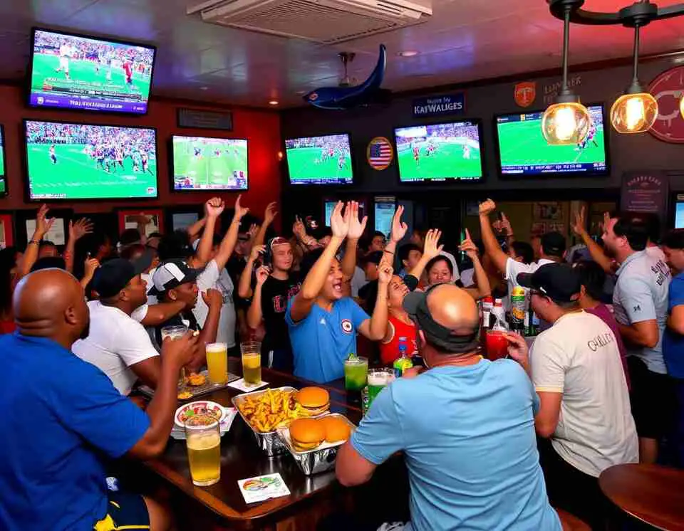 A lively scene inside a sports bar in, St. Maarten, during a major football game.