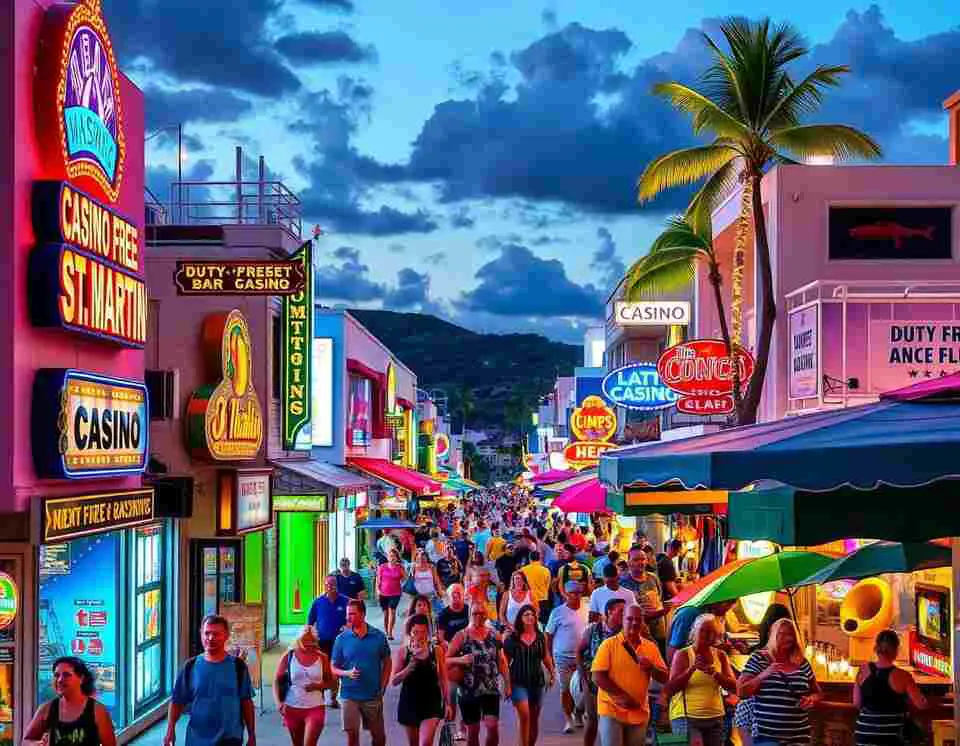 Vibrant street scene on the Dutch side of St. Maarten with casinos and beach bars.