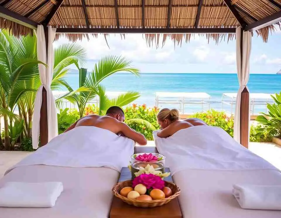 Couple relaxing during a luxurious open-air couples massage 