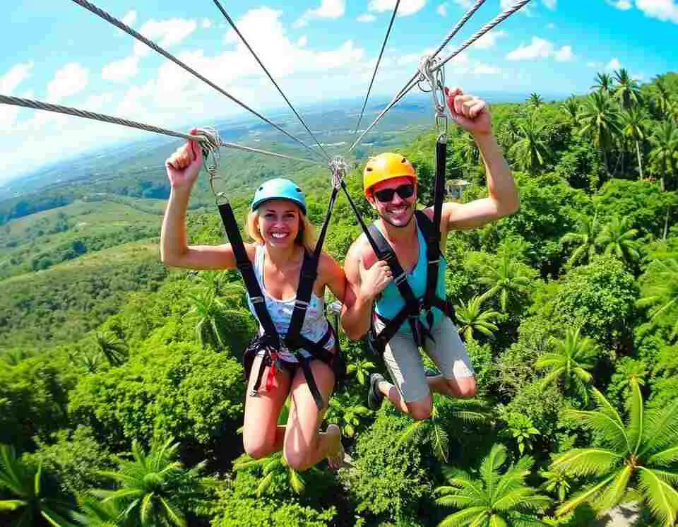 Couple zip-lining individually through the lush treetops at Loterie Farm, St. Maarten, enjoying an exhilarating adventure together.