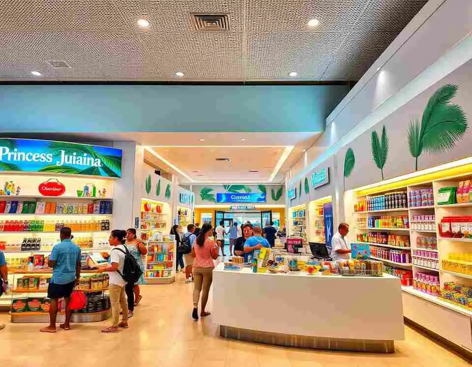 Photo of a lively Princess Juliana International duty-free shopping area.