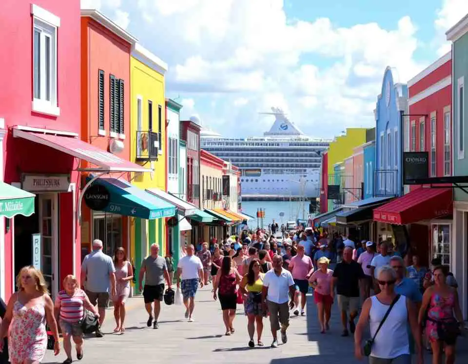 Colorful shopping street in Philipsburg, St. Maarten, with tourists strolling along, cruise ships in the background, and a sunny Caribbean atmosphere.