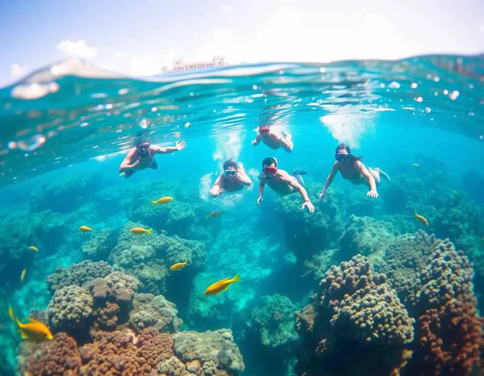 Snorkelers exploring a vibrant coral reef in St. Maarten, surrounded by clear turquoise waters and abundant marine life.