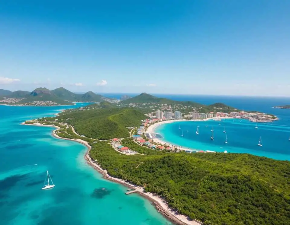 Aerial view of St. Maarten highlighting its Dutch and French sides with turquoise waters and green hills.