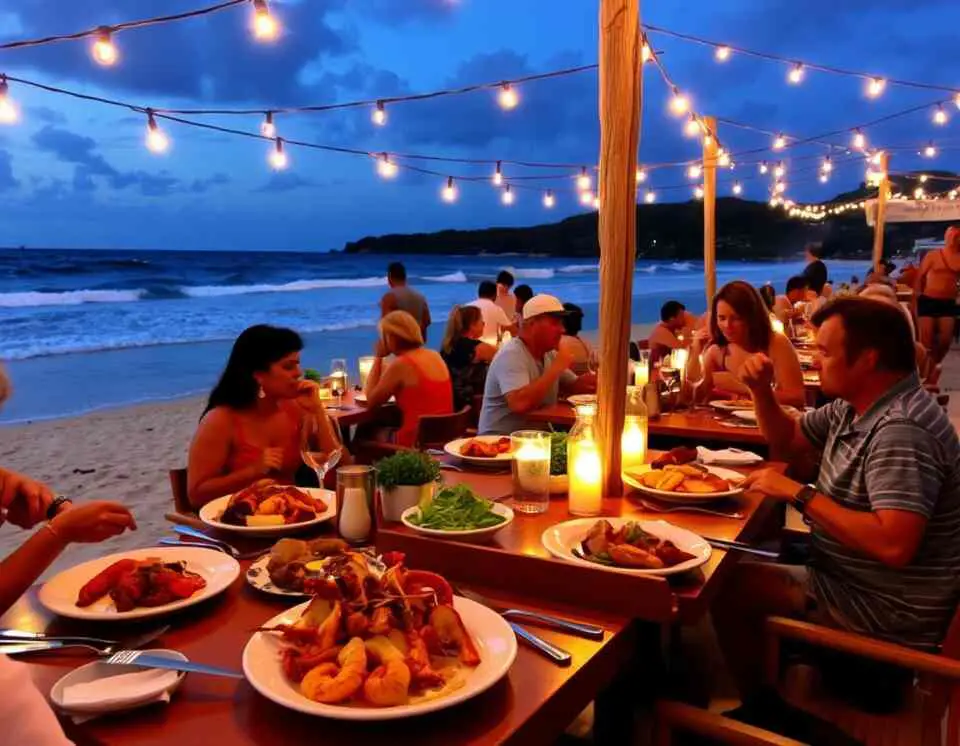 A beachfront restaurant in Grand Case, St. Martin, serving seafood under glowing string lights.