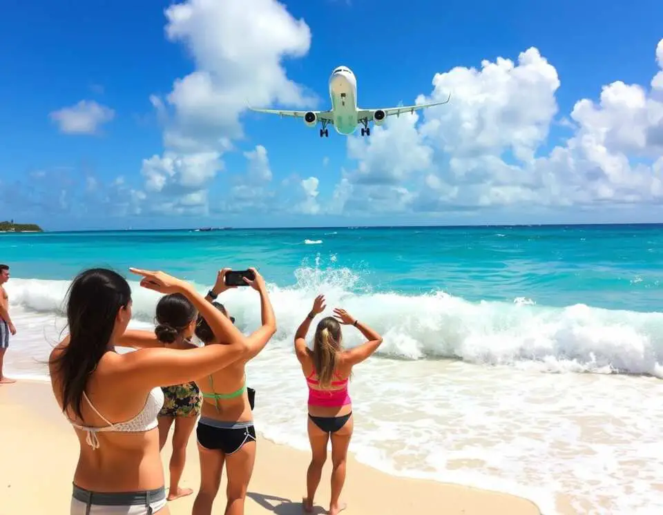 A large commercial airplane flying directly overhead at Maho Beach, with beachgoers watching in excitement.