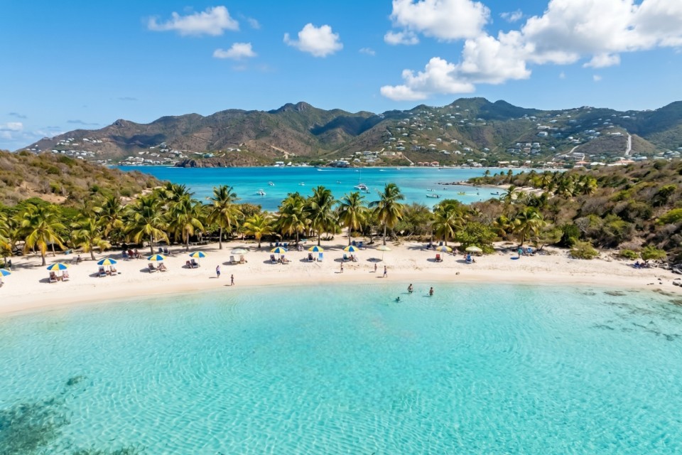 Wide aerial view of the shallow turquoise water and white sand beach at Pinel Island, St. Maarten.