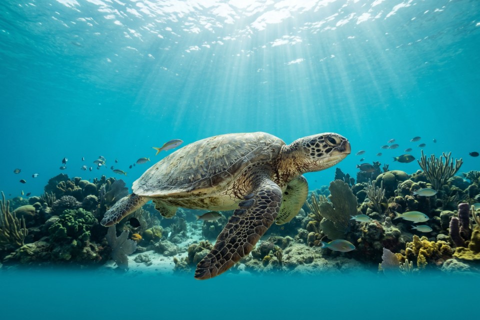 Green sea turtle swimming over a vibrant coral reef in the clear turquoise waters of Tintamarre Island.