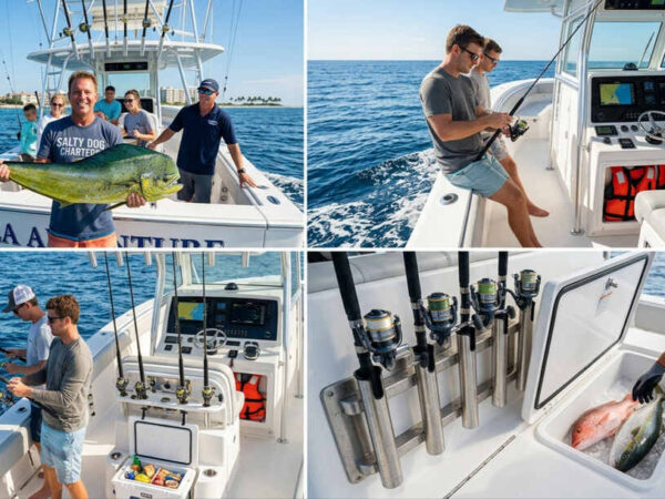 A collage showing a professional fishing boat, anglers reeling in fish, high-end gear, and a fresh Mahi-Mahi catch in St. Maarten.